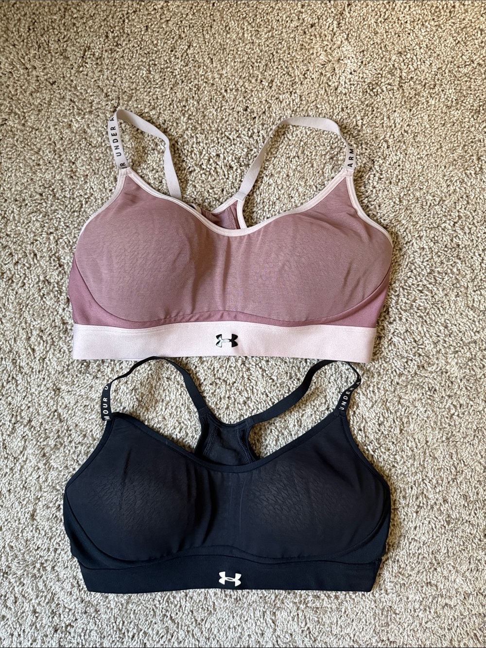Under Armour Seamless Sports Bras in Mauve Pink and Black - Dual Pack